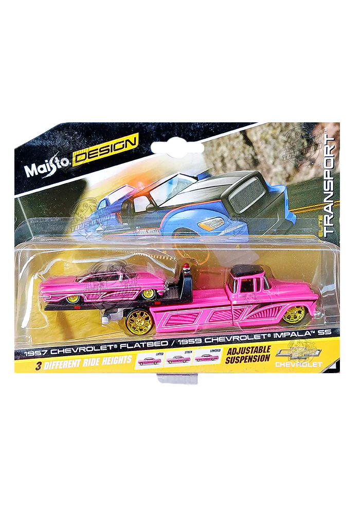 Maisto Design Elite Transport 1957 Chevrolet Flatbed & 1959 Chevrolet Impala SS - Pink / Black (1:64 Scale)