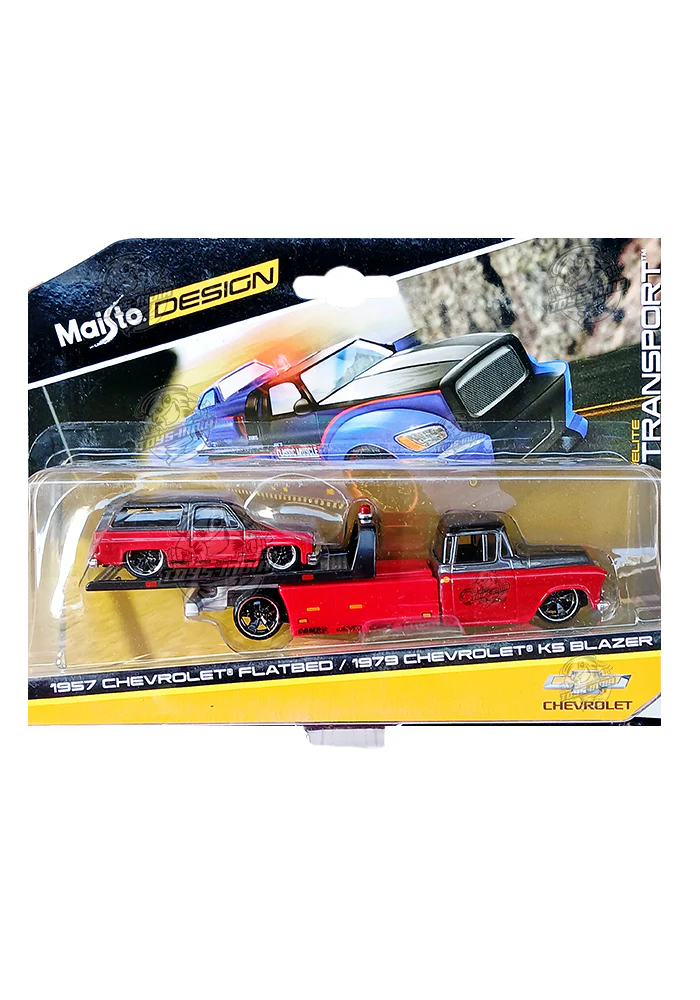 Maisto Design Elite Transport 1957 Chevrolet Flatbed & 1979 Chevrolet KS Blazer - Red / Black (1:64 Scale)
