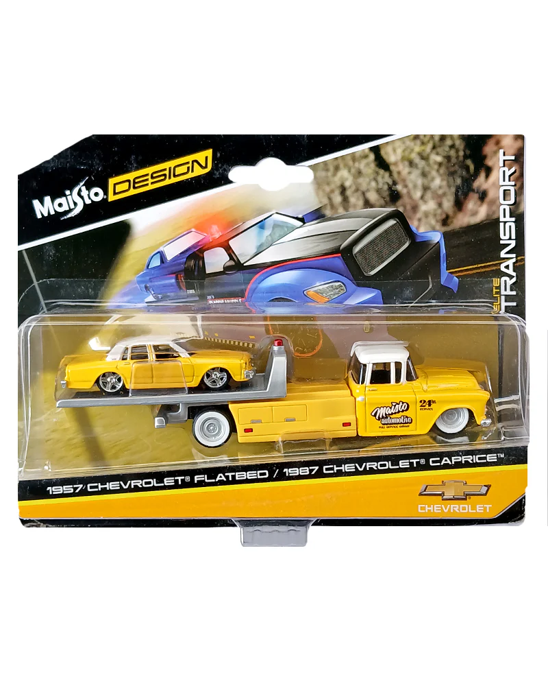 Maisto Design Elite Transport 1957 Chevrolet Flatbed & 1987 Chevrolet Caprice - Yellow / White (1:64 Scale)