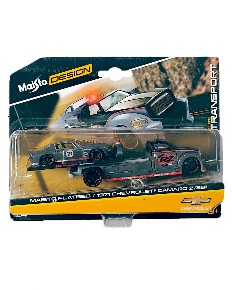 Maisto Design Elite Transport Maisto Flatbed & 1971 Chevrolet Camaro Z/28 - Grey / Red (1:64 Scale)