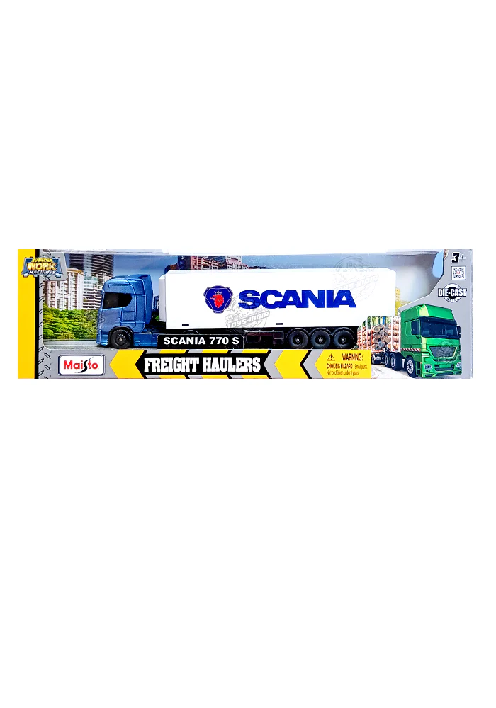 Maisto Design Mini Work Machines Freight Haulers Volvo Scania 770 S with Container - Blue / White (1:64 Scale)