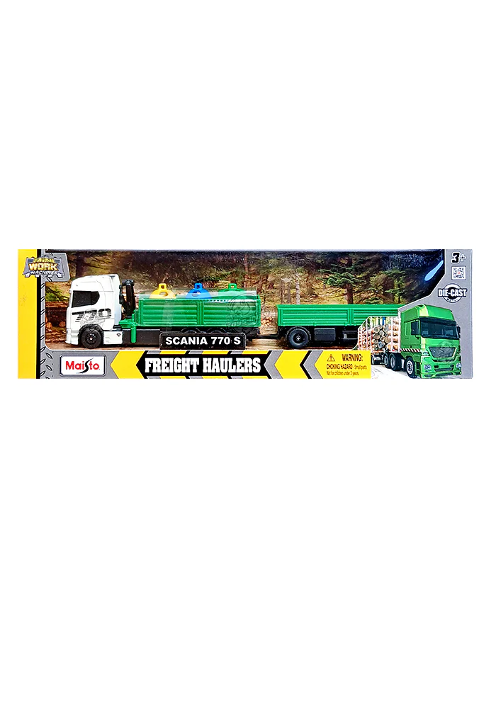 Maisto Design Mini Work Machines Freight Haulers Volvo Scania 770 S with Trolleys - White / Green (1:64 Scale)