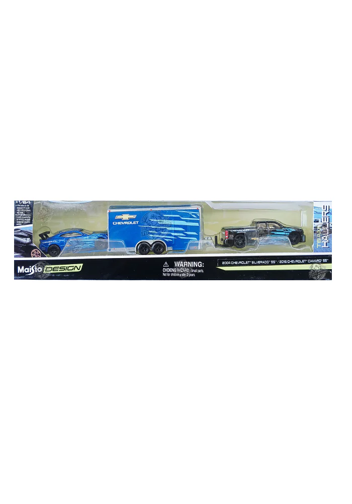 Maisto Design Team Haulers 2004 Chevrolet Silverado SS & 2016 Chevrolet Camaro SS - Blue / Black (1:64 Scale)