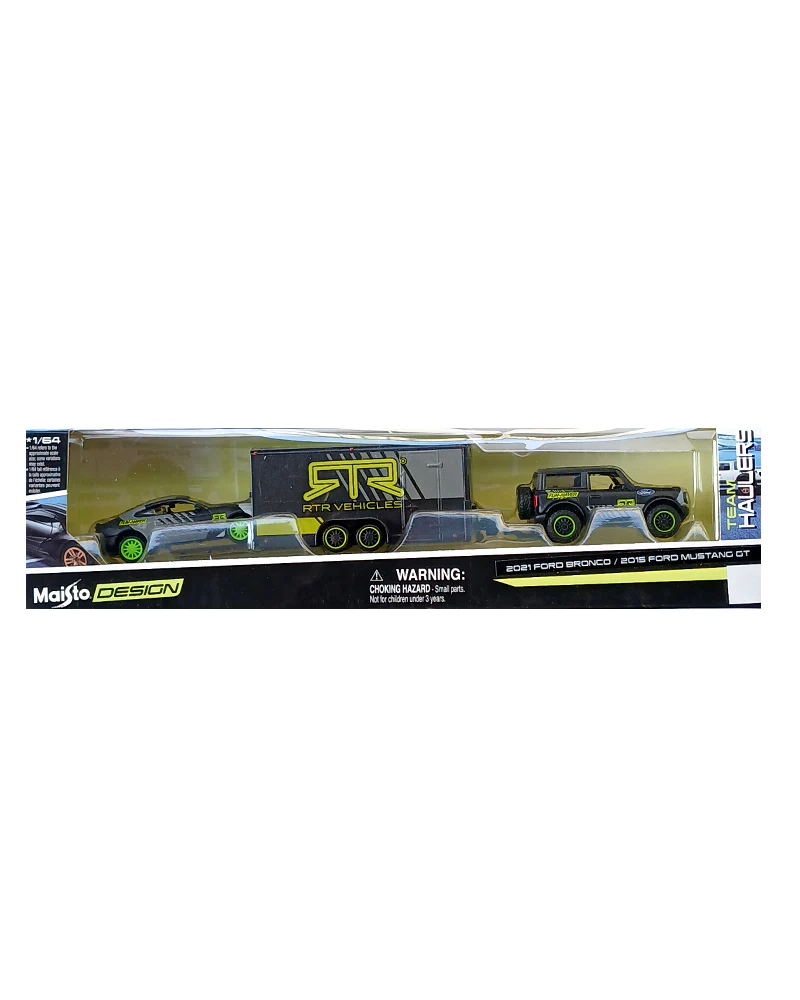 Maisto Design Team Haulers 2021 Ford Bronco & 2015 Ford Mustang GT - Black / Grey (1:64 Scale)