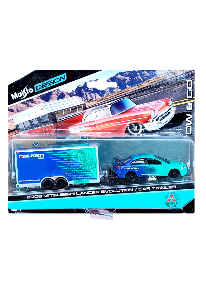 Maisto Design Tow & Co Falken Tires 2008 Mitsubishi Lancer Evolution & Car Trailer - Blue / Green (1:64 Scale)