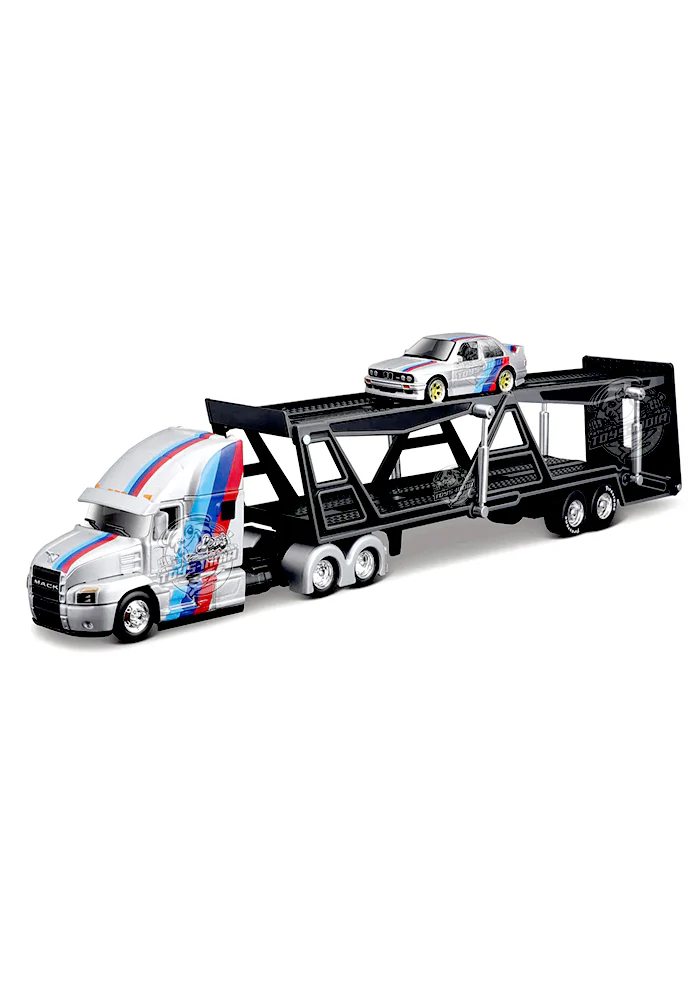 Maisto Design Transporters Mack Anthem & 1988 BMW 3 Series M3 - Silver / Black (1:64 Scale)