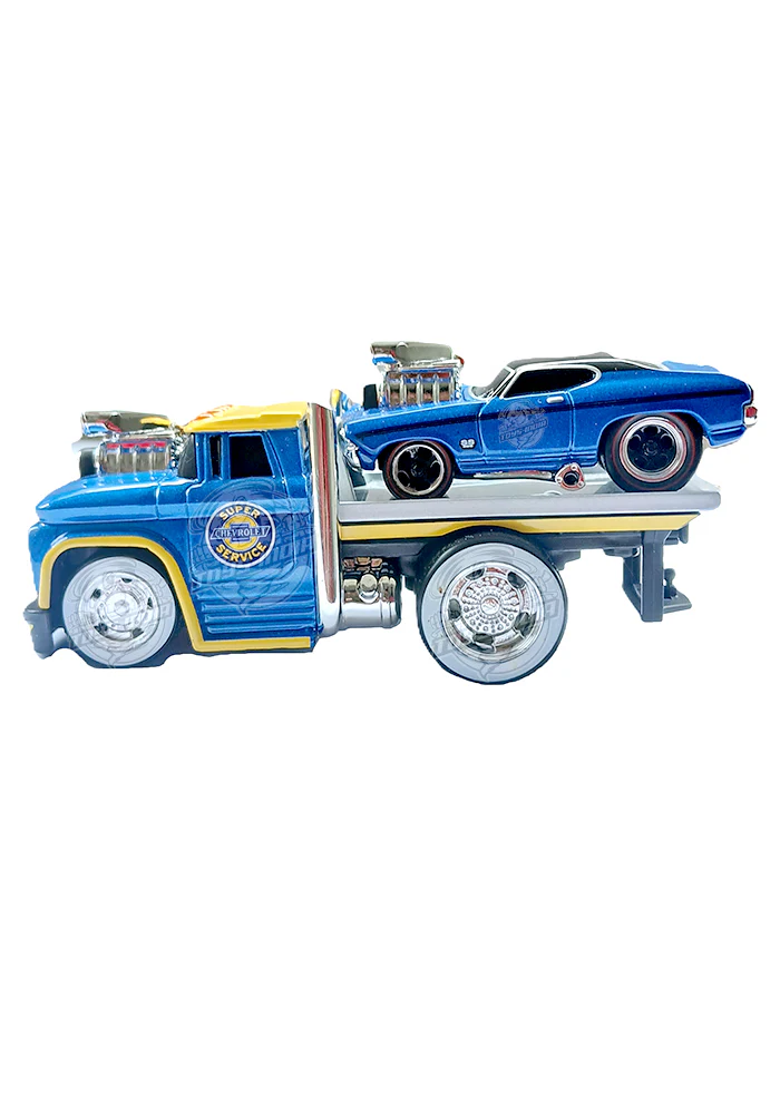 EXCLUSIVES Maisto Muscle Machines 1966 Chevrolet C60 Flatbed & 1969 Chevrolet Chevelle SS 396 - Blue / Yellow (1:64 Scale)