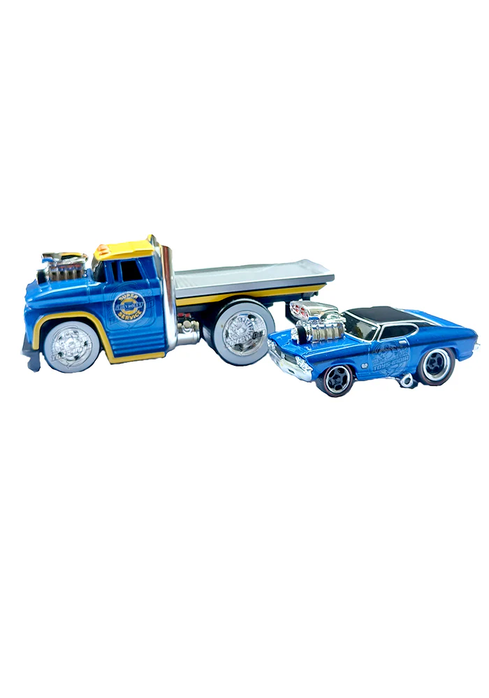 EXCLUSIVES Maisto Muscle Machines 1966 Chevrolet C60 Flatbed & 1969 Chevrolet Chevelle SS 396 - Blue / Yellow (1:64 Scale) - Image 2