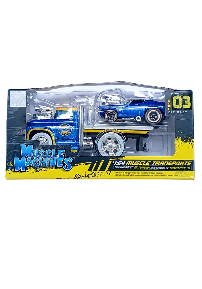 EXCLUSIVES Maisto Muscle Machines 1966 Chevrolet C60 Flatbed & 1969 Chevrolet Chevelle SS 396 - Blue / Yellow (1:64 Scale) - Image 3