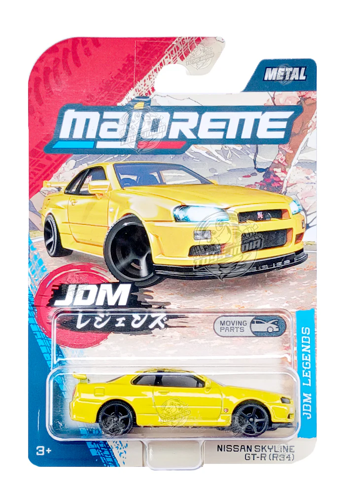 Majorette JDM Legends Nissan Skyline GT-R (R34) - Yellow - 2025 Card (Moving Parts)