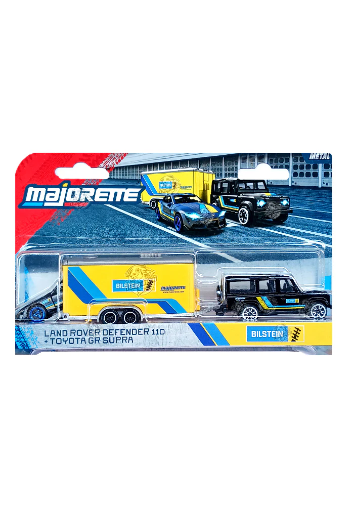 Majorette Racing Trailers Bilstein Land Rover Defender 110 (Black) & Toyota GR Supra (Grey) - 2025 Card