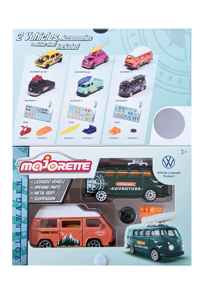 Majorette Volkswagen The Originals Edition Volkswagen T1 & Volkswagen T3 & Accessories - Light Green / Orange - 2025 Card